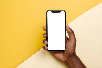 African American hand holding smart phone with blank screen with copy space, isolated on a yellow background