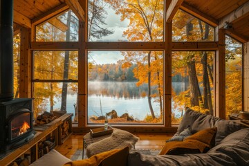 A cozy wooden cottage with a fireplace and large windows offering views of a serene lake and forest in autumn colors.
