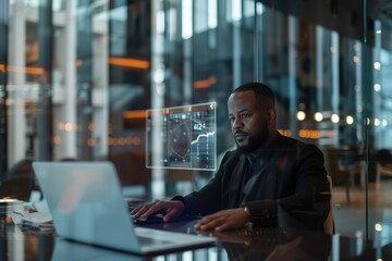 Obraz premium Nighttime office phone call, futuristic black man with laptop hologram. Smartphone communication, futuristic mockup or man employee with computer for business, trading, or stock market