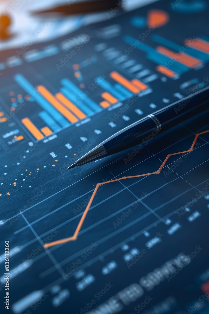 Poster financial analysis report with charts and growing line graph on blue gradient background