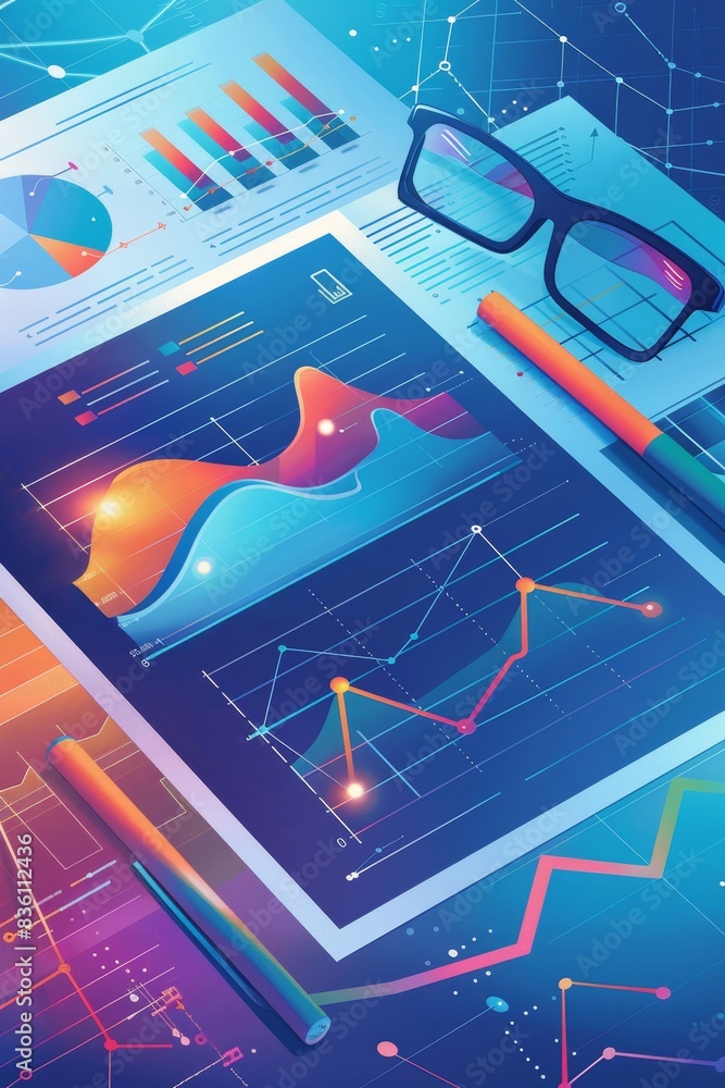 Poster financial analysis report with dynamic charts and growing line graph on gradient blue background