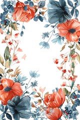 Watercolor frame with an arrangement of red, white, and blue flowers on one side and fireworks on the other.