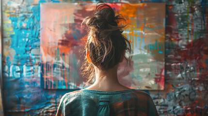 Portrait of a person working with spray paint, creating art on a vintage wooden wall with a graffiti backdrop