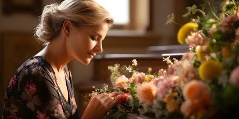 Naklejka premium Woman mourning loved one at funeral with flowers by casket. Concept Grief, Loss, Mourning, Funeral, Support