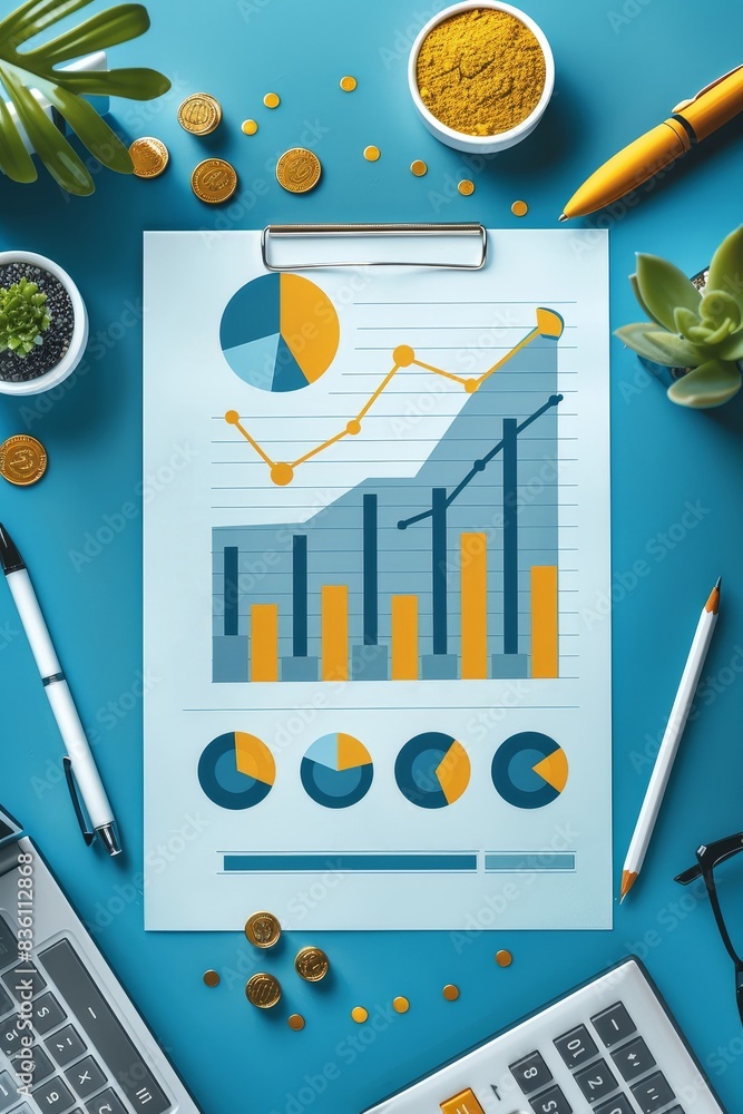 Poster financial analysis report with dynamic charts and growing line graph on blue background