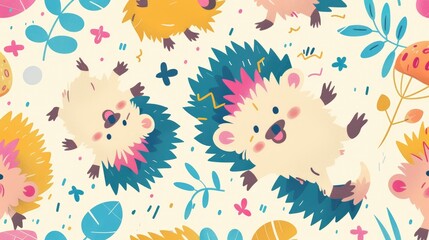 Naklejka premium a pattern of cute cartoon hedgehogs, square-box flying wonders, whimsical character art, sweet anime characters