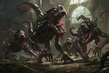 Demonic entities emerging from infernal scenes, their power and malice a threat to all life