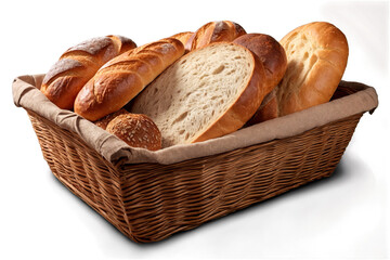 An appetizing selection of fresh bread loaves in a wicker basket on a transparent, png, white background, ideal for food-related content