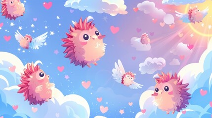  a pattern of cute cartoon hedgehogs, winged hearts in the sky, whimsical fantasy anime, joyful anime scenes
