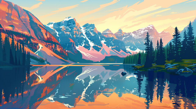 vector illustration, moraine lake in summer, canada, during sunrise. Must-see touristic spot in nature in Banff National Park, Alberta, Canada. Wonderful nature scenery during early morning. Wonderful