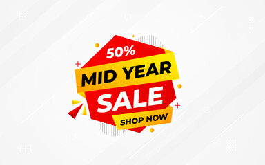 Mid Year Sale banner vector template. New Year Discount vector graphic element. Super shop label Promo design. Product opening festival background collection.