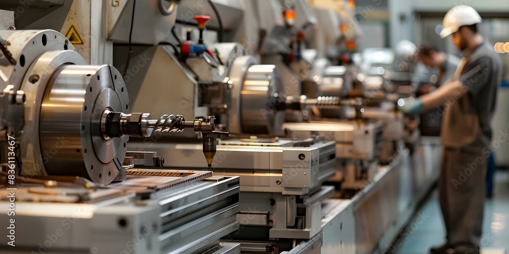 Poster workers operating lathe machine with a focus on manufacturing process. concept metalworking, lathe o