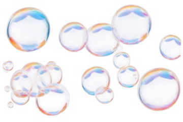 Multiple colorful soap bubbles with iridescent reflections, perfect for a png, transparent, white background