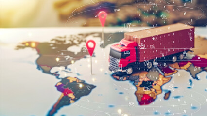 High-tech logistics truck on a digital map background, representing global supply chain and connectivity