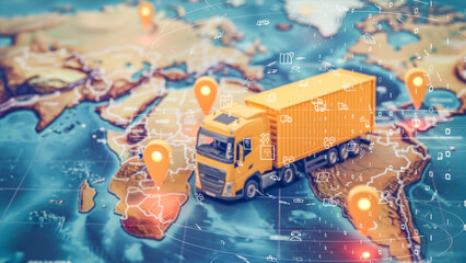 High-tech logistics truck on a digital map background, representing global supply chain and connectivity