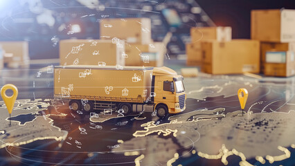 High-tech logistics truck on a digital map background, representing global supply chain and connectivity