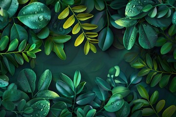 Fototapeta premium Lush green foliage with water droplets forming a natural frame. Perfect nature background for designs or presentations.