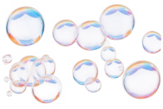 Multiple colorful soap bubbles with iridescent reflections, perfect for a png, transparent, white background