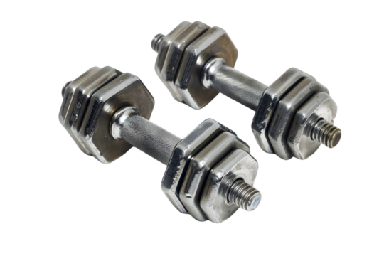 A pair of metallic dumbbells with adjustable weights, perfect for strength training and fitness routines at home or in the gym.