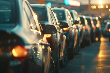 Obraz premium Cars parked in a row on a city street against the backdrop of the setting sun