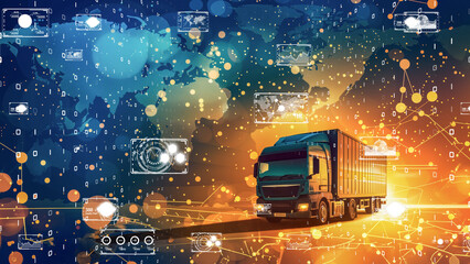 High-tech logistics truck on a digital map background, representing global supply chain and connectivity