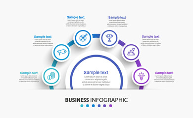 Circle business infographic design template with 6 options, steps or processes. Vector illustration