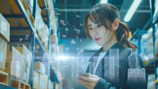 Modern warehouse worker interacting with virtual interface, checking inventory and logistics, technological innovation