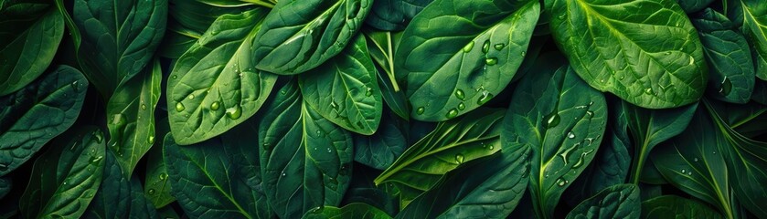 Close-up of lush green leaves with water droplets, showcasing natural beauty and freshness in a serene botanical setting.