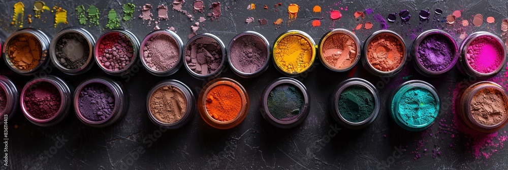 Poster A close-up view of assorted colorful makeup pigments and powders in small jars, arranged on a dark surface. Generative AI