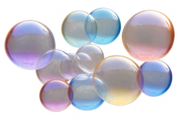 A cluster of colorful, iridescent soap bubbles arrayed against a transparent, white background, png, ideal for various design projects
