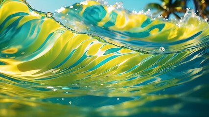 An abstract blend of tropical colors with swirling patterns of turquoise, coral, lime green, and sunny yellow. The fluid shapes and vibrant hues evoke the feeling of a tropical paradise, with hints of
