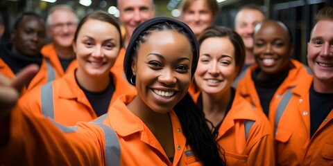 Cheerful diverse factory workers in orange uniforms celebrating Labor Day together. Concept Labor Day, Factory Workers, Diversity, Orange Uniforms, Celebration