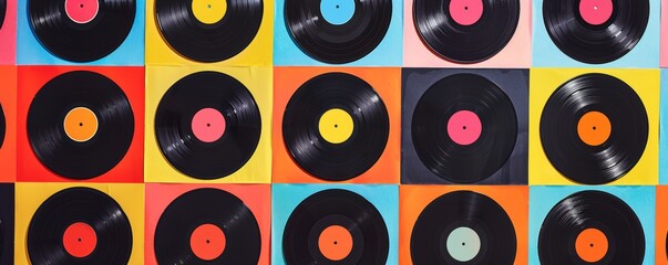 Colorful vinyl records in rows on a vibrant background