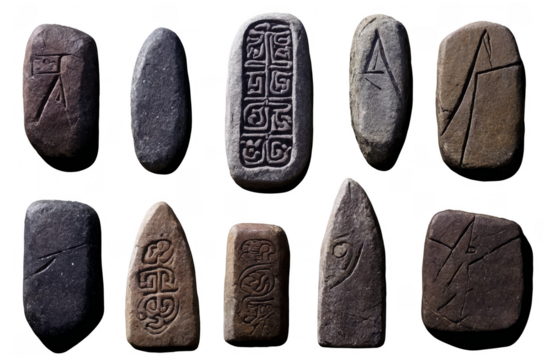 Several ancient engraved stones presenting unique symbols, placed against a transparent, white background, png, suitable for historical concepts