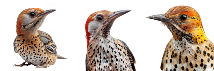 Three speckled andean flicker bird facing different directions, captured in vibrant