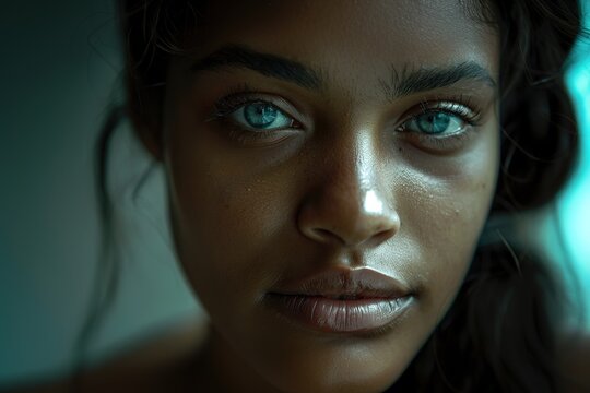 Intense gaze of a young woman with striking eyes and natural bea