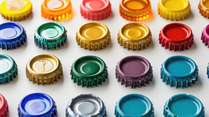 Several differently colored bottle caps arranged on a table with a white surface