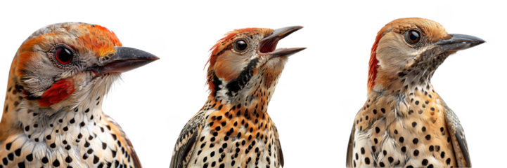 Close-up shots of three vibrant andean flicker bird, showcasing their colorful plumage and intricate patterns in detail.