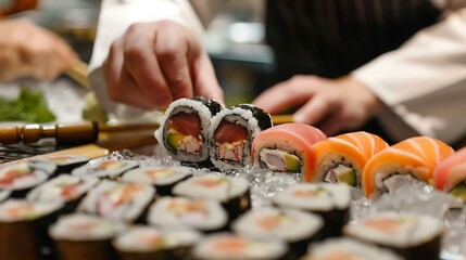 Illustrate the importance of sushi etiquette in Japan, with close-ups of diners gently handling sushi and appreciating the chef's skill. Highlight the cultural respect embedded in these practices