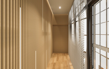 Fototapeta premium 3D Rendering Corner of stylish bedroom with wooden walls, concrete floor, comfortable king size bed with two sideboard tables and vertical mock up poster. 