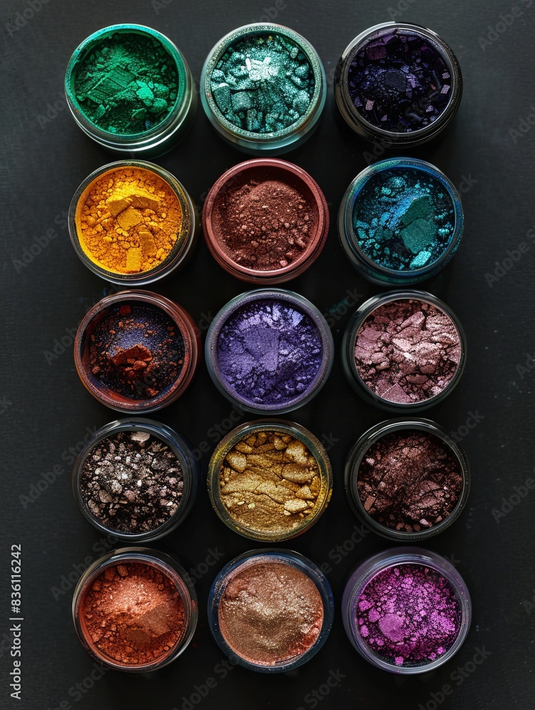 Poster a selection of vibrant makeup pigments and powders in small jars, artistically arranged on a black b