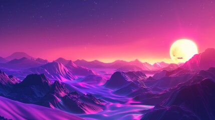 concept art of an alien planet landscape, sunset, sunrise, mountains