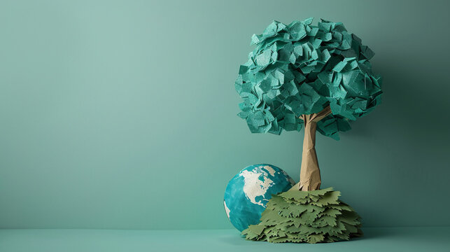 Artistic representation of a tree growing from a paper globe, symbolizing sustainable development and nature conservation
