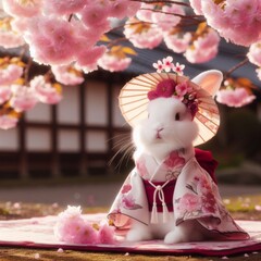 Fototapeta premium A white rabbit wearing a traditional Japanese kimono and a straw hat sits under a blooming cherry blossom tree.