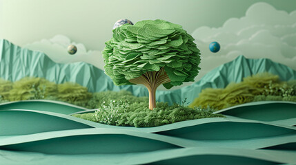Artistic representation of a tree growing from a paper globe, symbolizing sustainable development and nature conservation