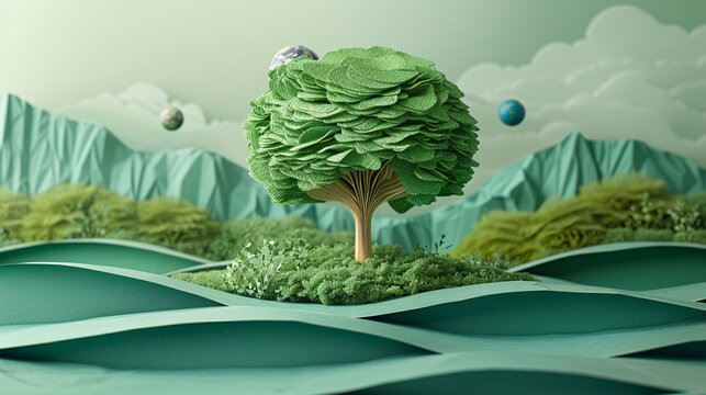 Artistic representation of a tree growing from a paper globe, symbolizing sustainable development and nature conservation