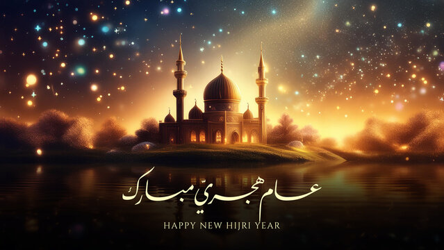 Happy Islamic New Year greeting design with arabic calligraphy, a beautiful mosque, river and light as a background