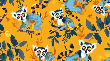 Obraz premium a pattern of cute cartoon lemurs, square-borne fairyfolk, hand-drawn anime fantasy, lively anime illustrations