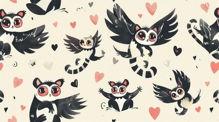  a pattern of cute cartoon lemurs, winged hearts delivering, magical hand-drawn art, anime prints for young souls