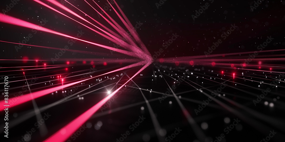Poster a black background with laser line patterns shining brightly in the dark.
